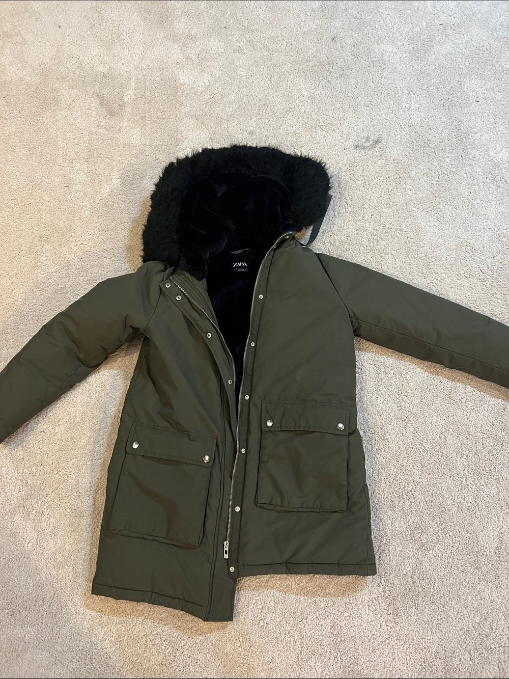 Zara Olive Green Parka with Black Faux Fur Hood